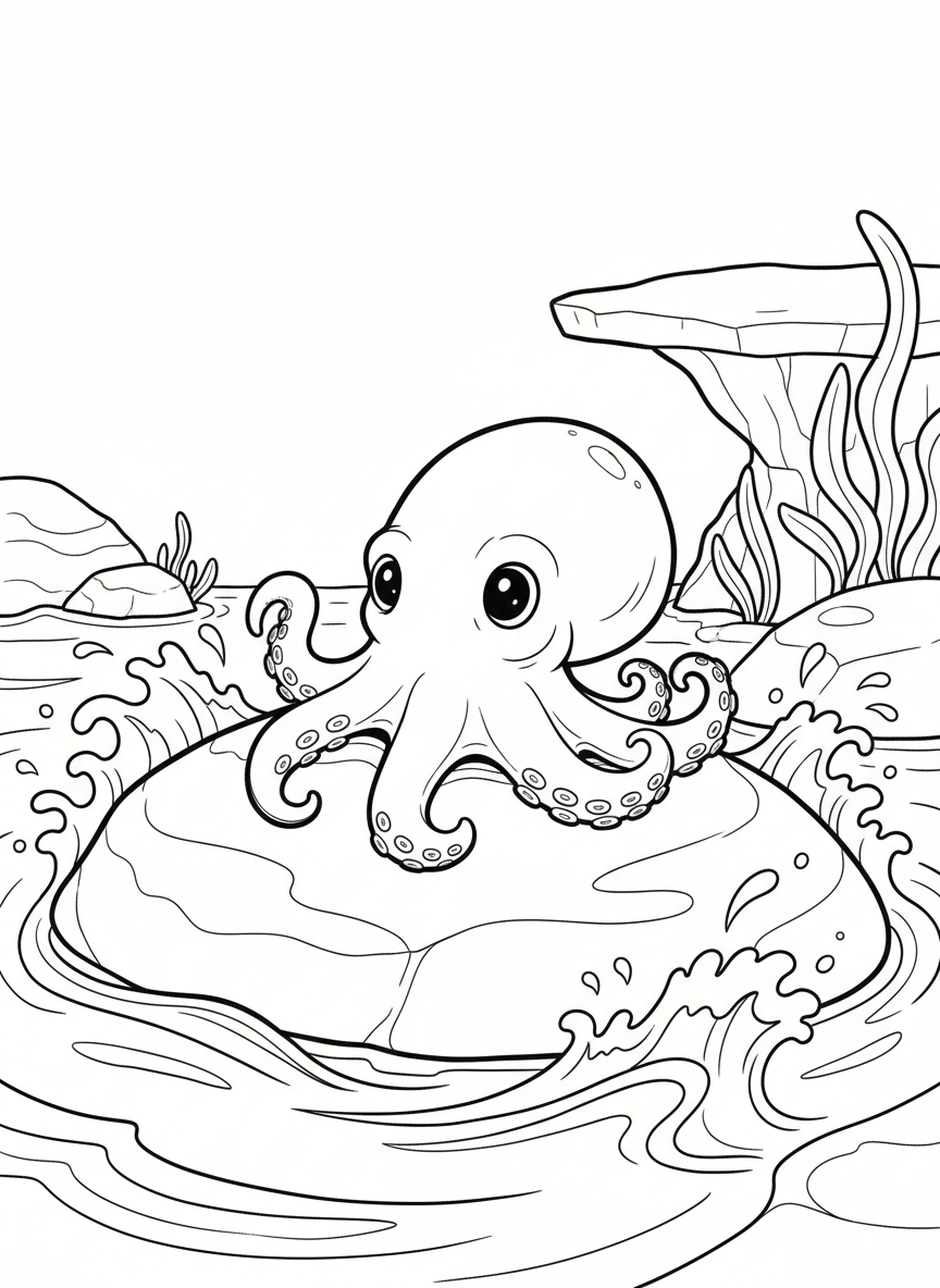 A baby octopus resting on a flat tide pool rock with waves gently splashing in the background, simple design