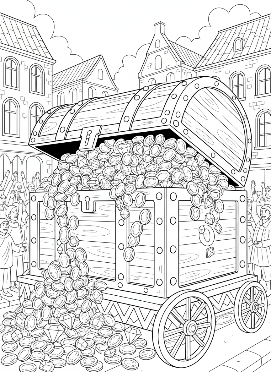 A parade float designed as a giant treasure chest overflowing with gold coins and jewels.