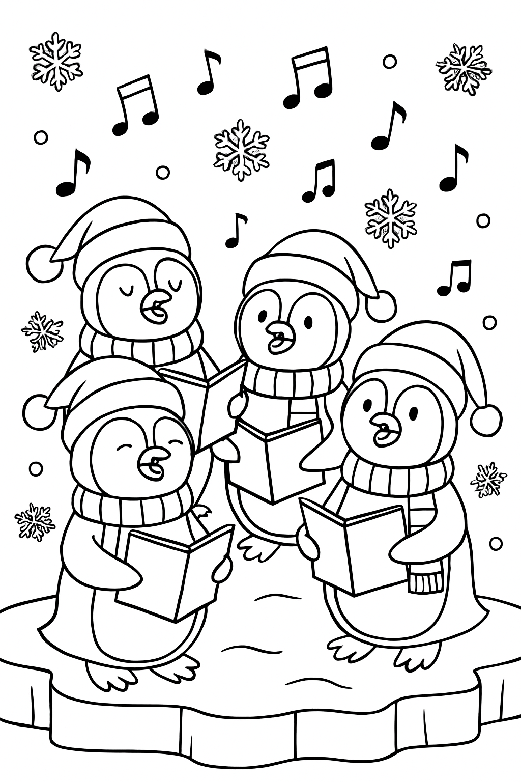 Group of penguins wearing Santa hats and scarves singing Christmas carols with music notes floating around them, holding songbooks, on icy stage with snowflakes
