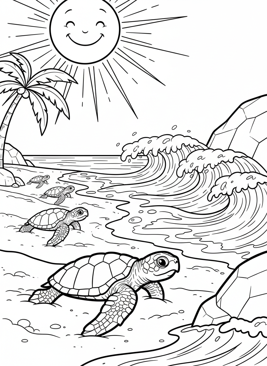 Loggerhead sea turtle hatchlings making their way across the sand toward ocean waves under a smiling sun