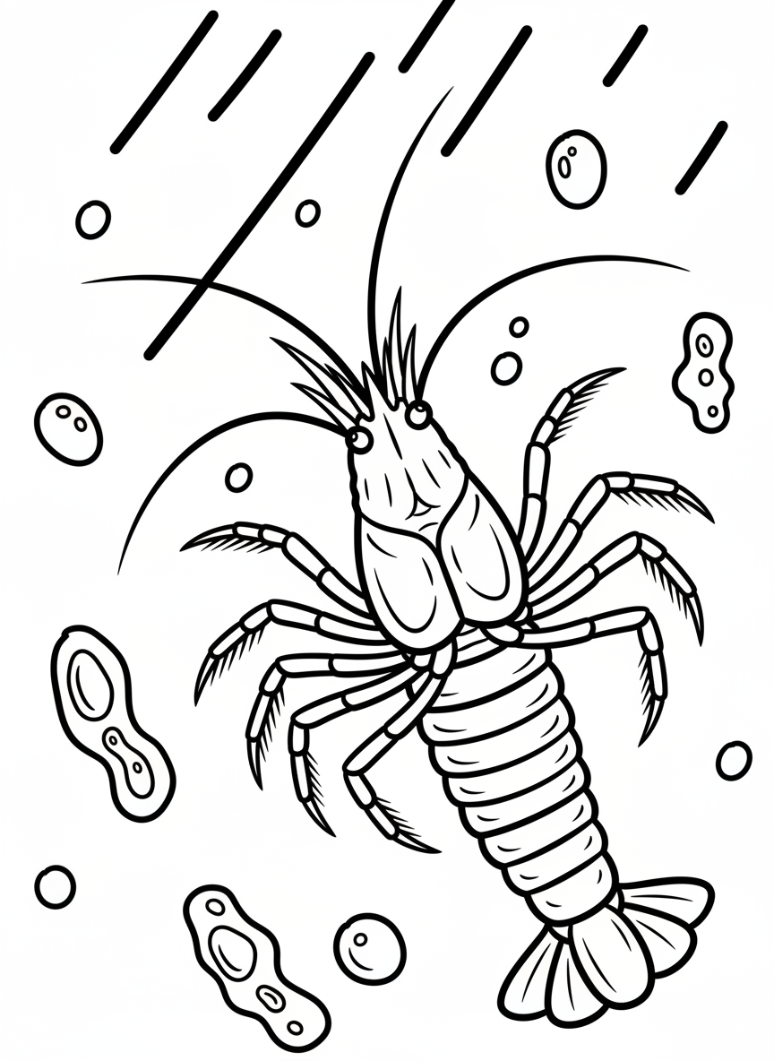 Detailed krill with its many legs visible, swimming upward with plankton and simple light rays from above.