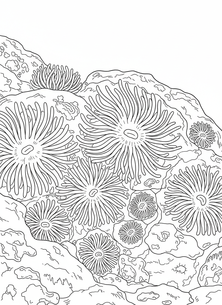 Close-up of colorful sea anemones in various sizes clustered together on rocks, with their tentacles extended in different directions, intricate but clear lines