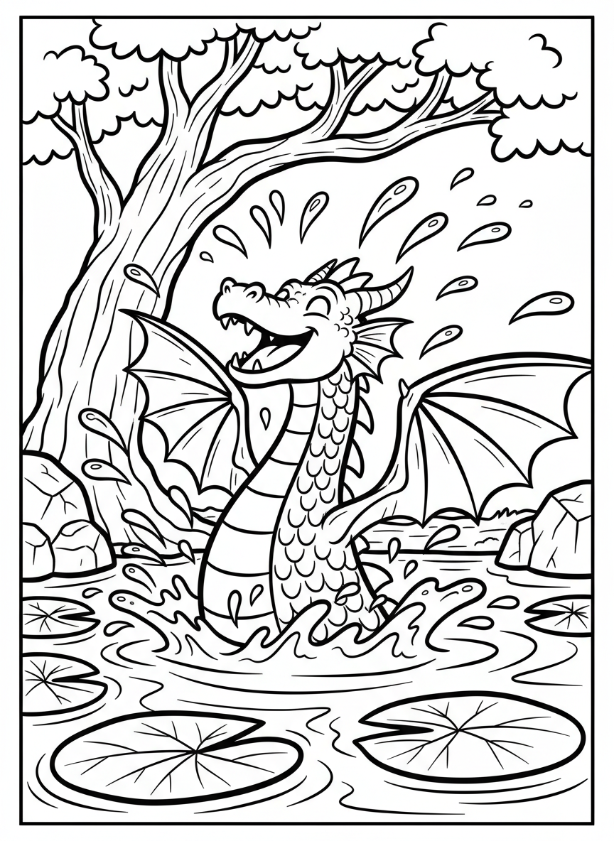 A dragon splashing in a pond with lily pads, water droplets flying everywhere, looking playful and happy