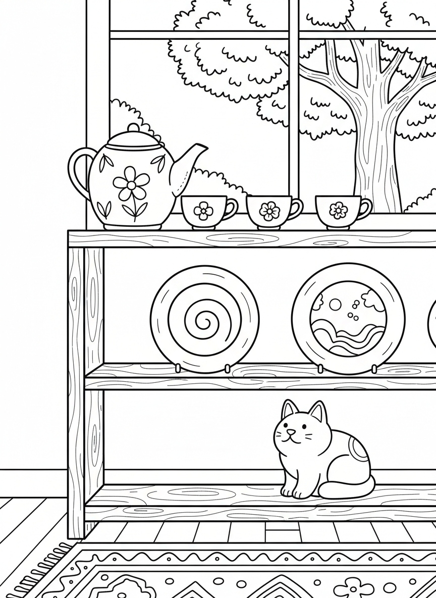 An array of ceramic items on a display shelf: teapot, cups, decorative plates, and a small animal figurine.