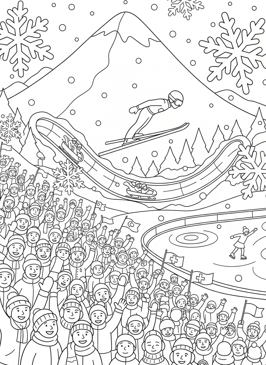 Winter Olympics coloring page prompts capturing snowy venues, cold-weather sports, and dramatic winter competition.	Fans cheering from snowy stands, flags waving against a backdrop of falling snowflakes.