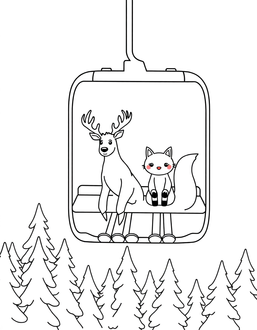 Ski Lift: A view of a chairlift carrying a deer and a fox up the mountain, with their skis dangling over the snowy trees below.