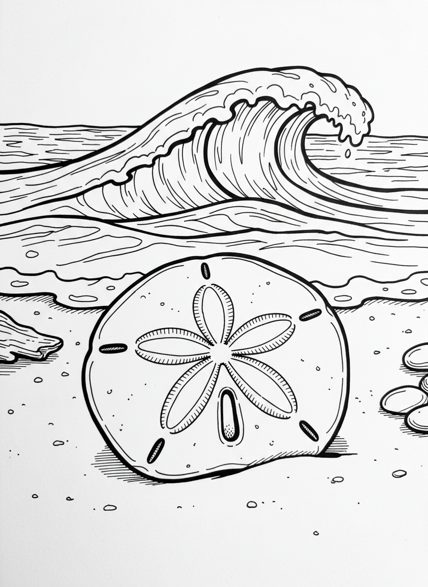 A delicate sand dollar with its five-petal flower pattern clearly visible, lying on a beach with gentle waves in background.