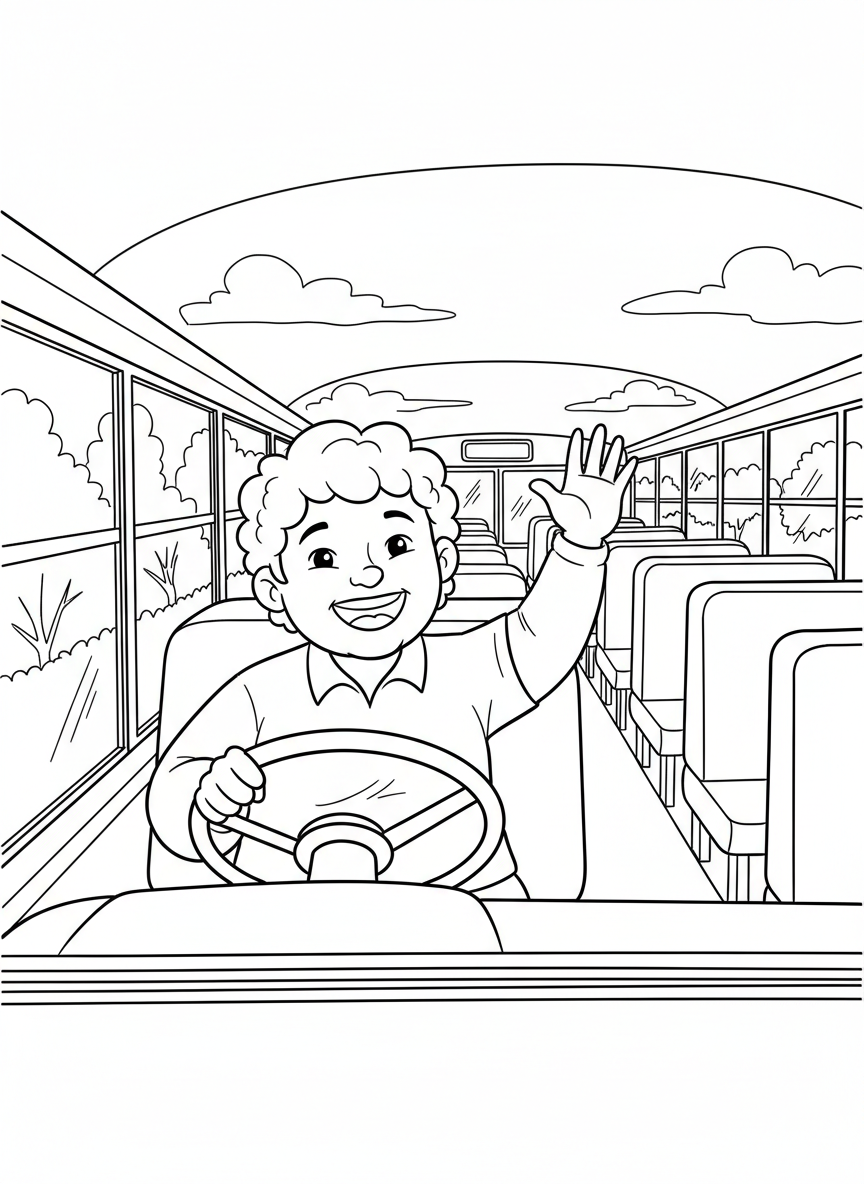 A bus driver sitting at the wheel of a school bus, smiling and waving, with rows of seats visible behind.