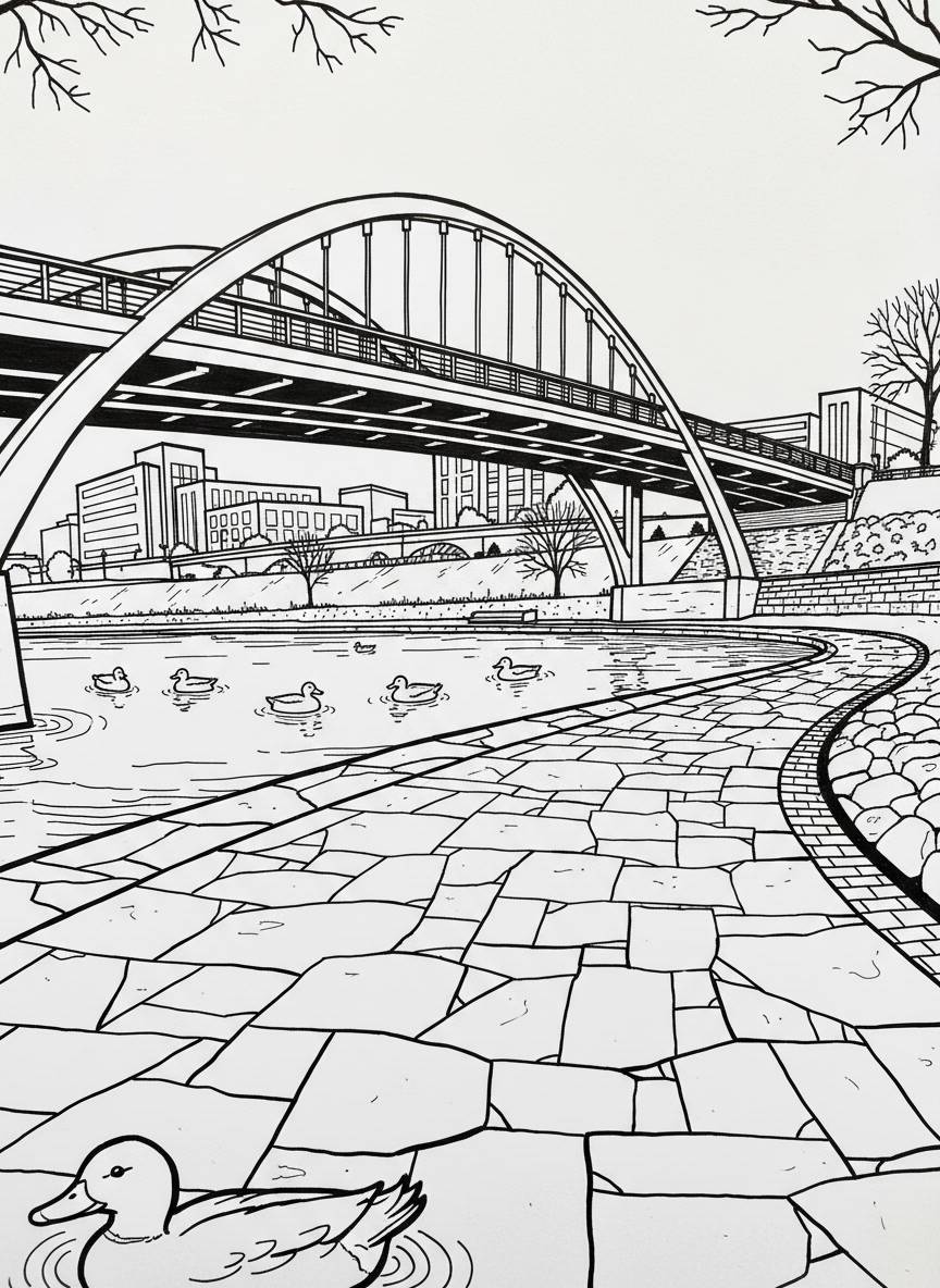 A peaceful scene of the Scioto Mile riverfront with a walking path, bridge in the distance, and ducks swimming in the water
