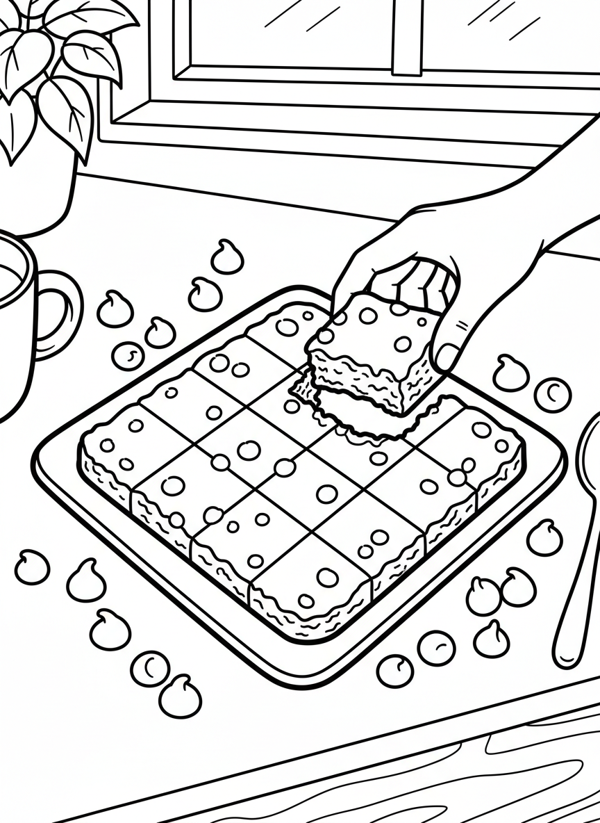 A plate of brownies cut into squares, with one brownie lifted to show its fudgy texture, surrounded by chocolate chips.