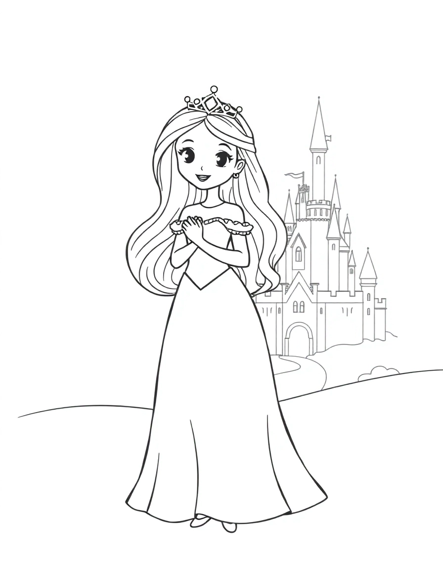 A princess standing regally with flowing hair and a jeweled crown, a fairytale castle in the distance