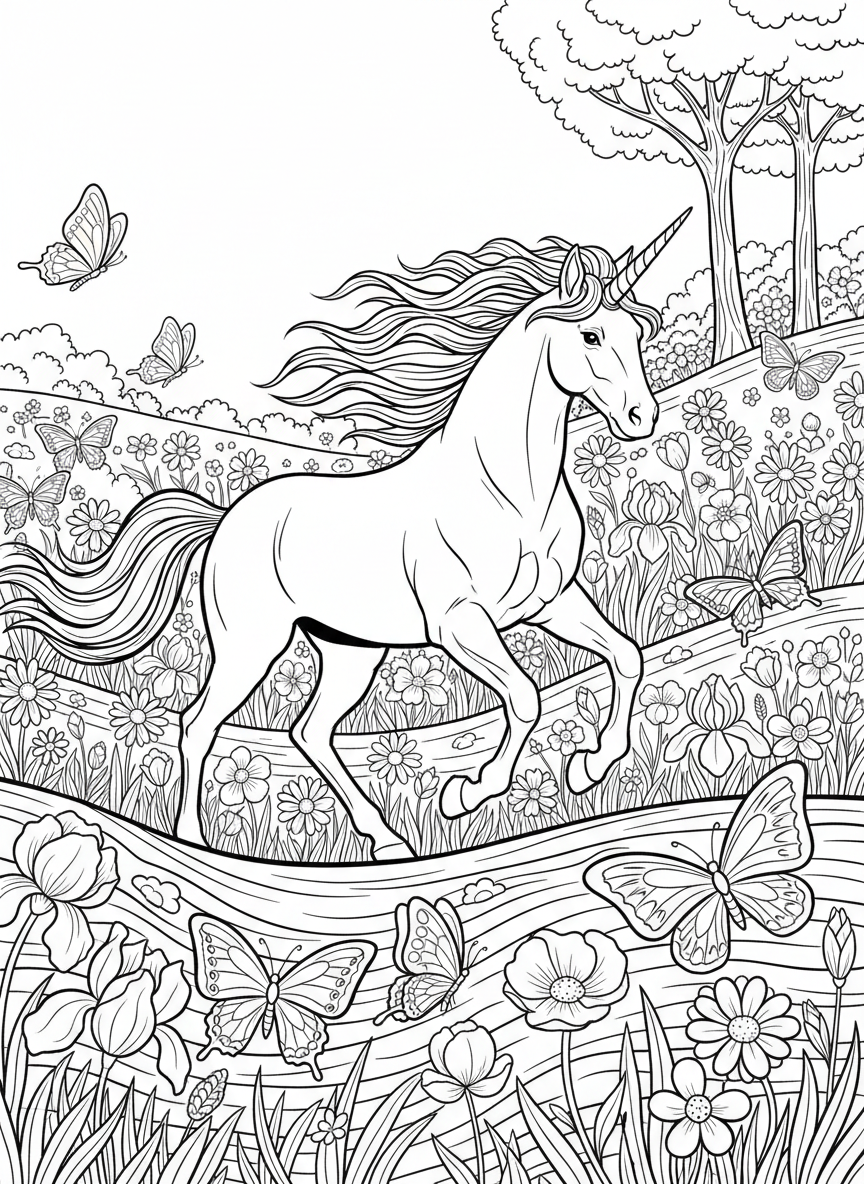 A unicorn galloping through a meadow filled with flowers and butterflies, its mane flowing in the wind.