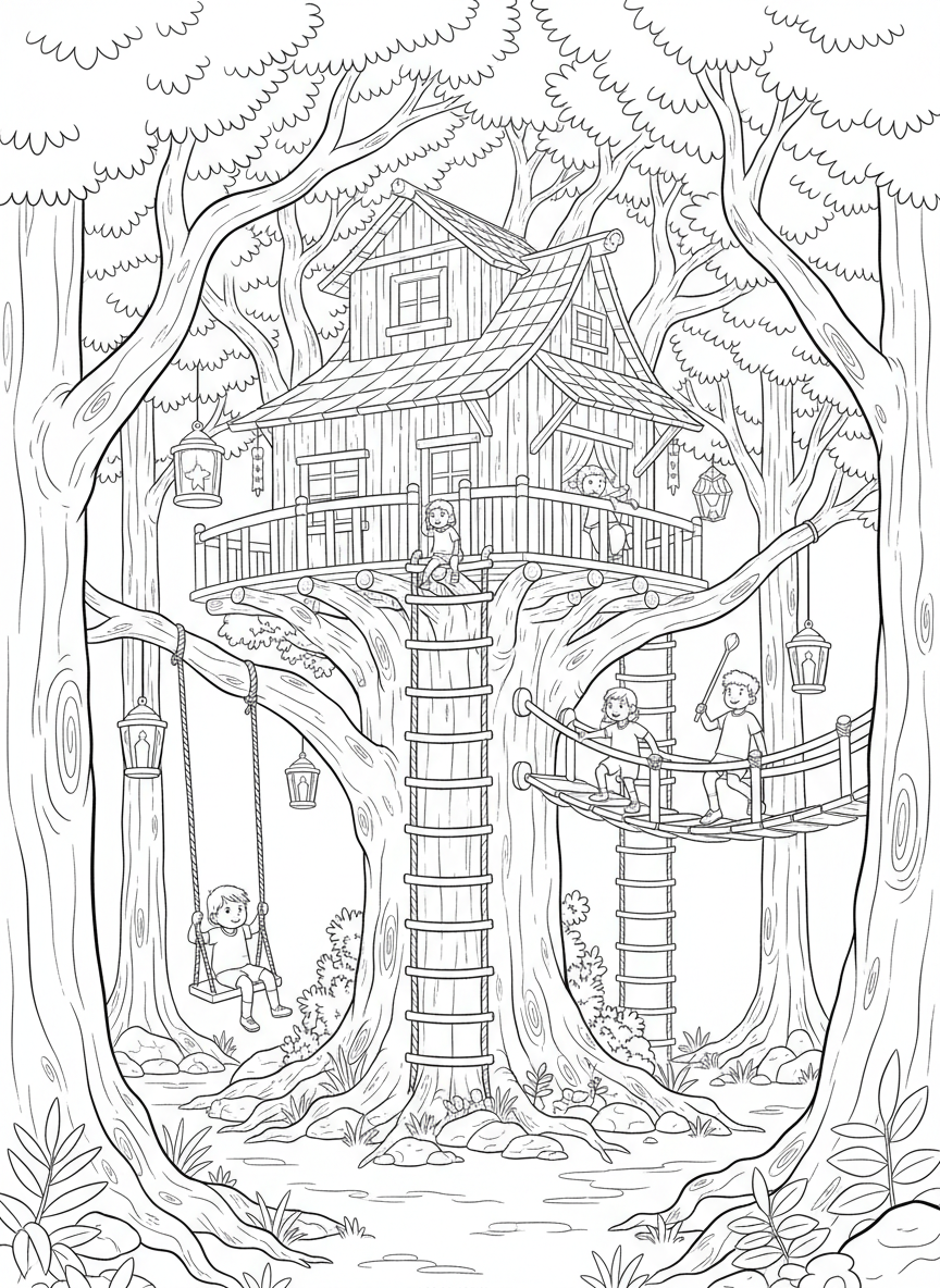 A treehouse hidden deep in the woods with rope ladders, hanging lanterns, wooden bridges, and children playing nearby.