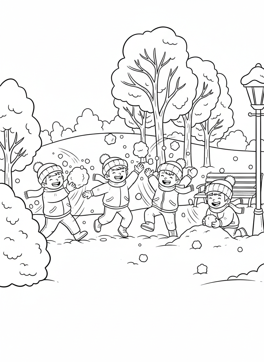 Children having a snowball fight in a park, with snow flying through the air and happy expressions