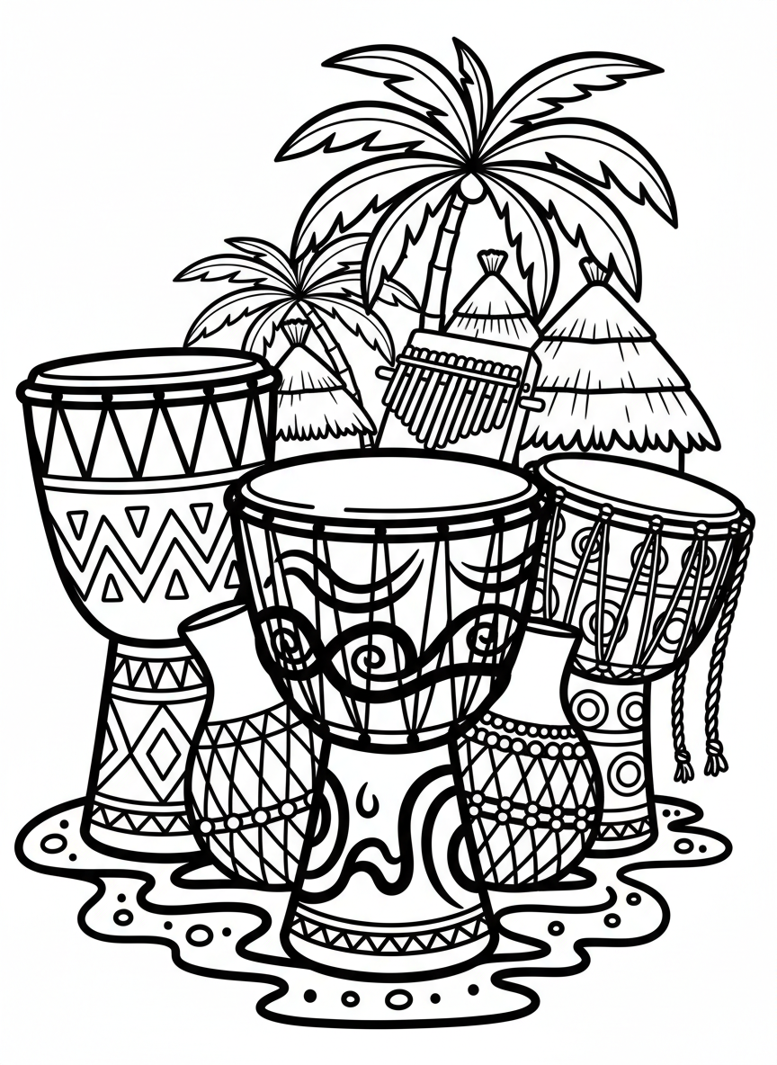 Traditional African drums and musical instruments arranged in a group, with decorative patterns on their surfaces