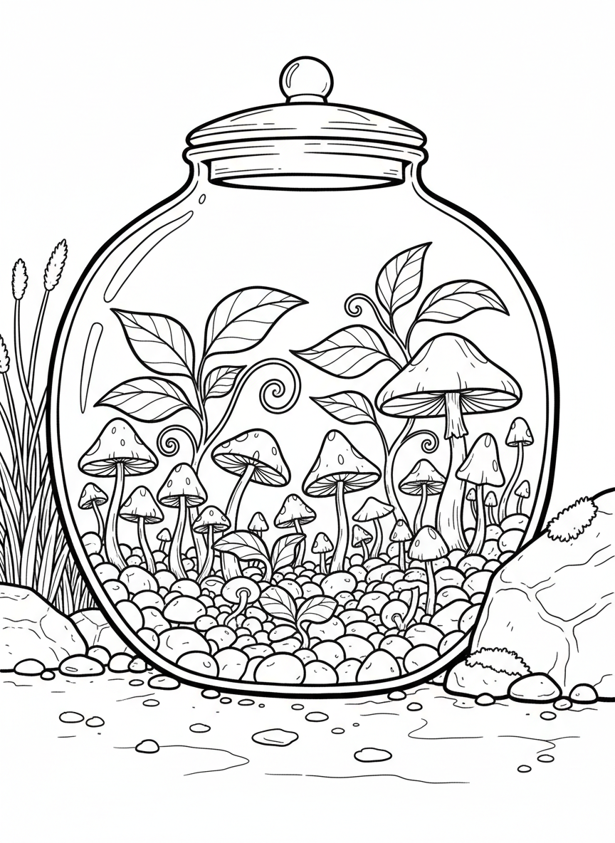 A terrarium garden inside a large glass jar with tiny plants, small stones, and miniature mushrooms creating a magical scene.