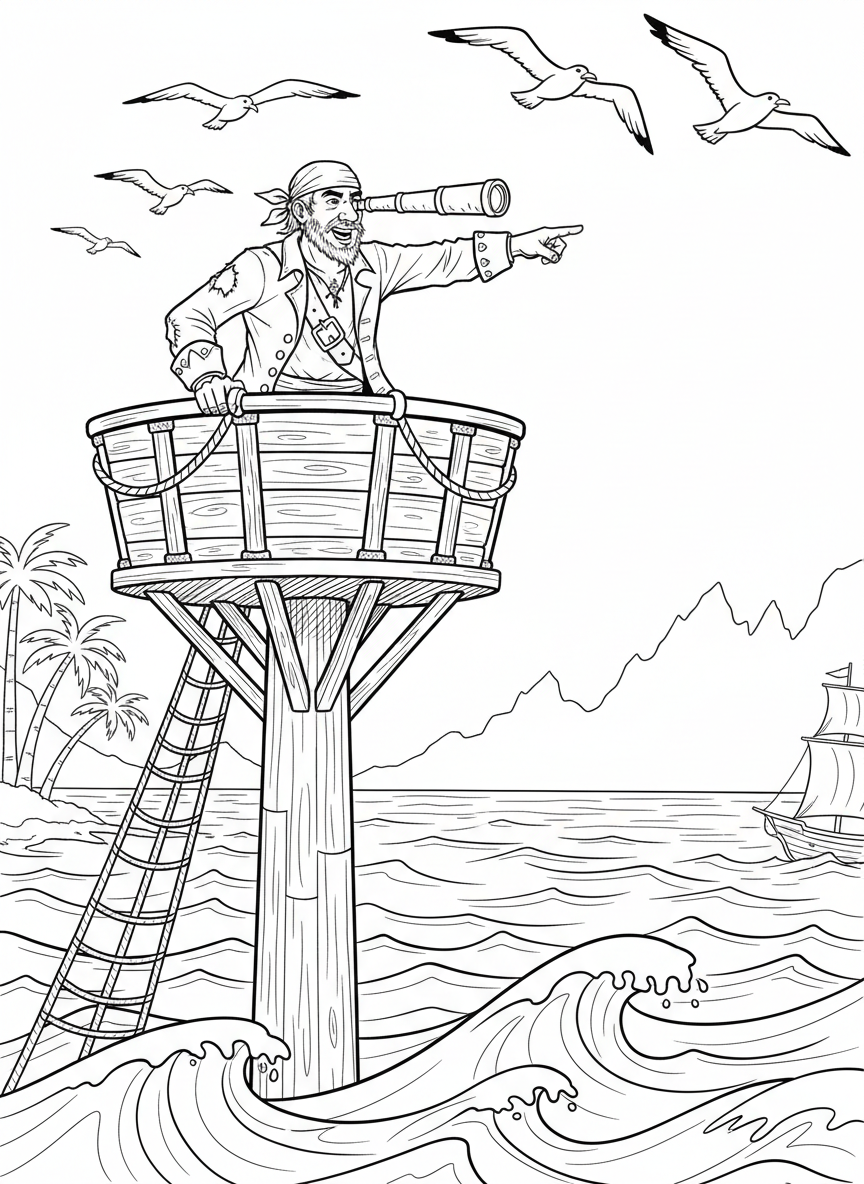 A pirate's crow's nest high on a ship's mast with a lookout pirate spotting land, birds flying nearby, ocean view below