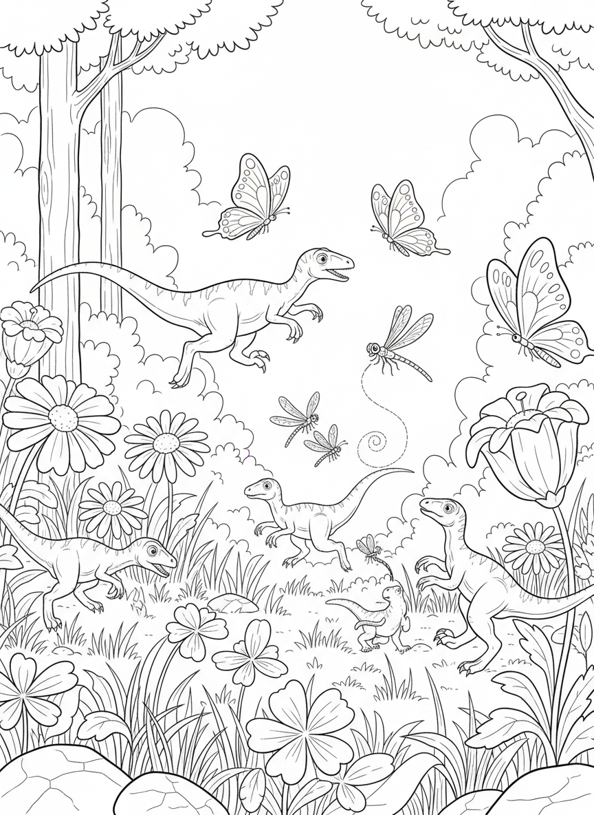 A playful scene of small Compsognathus dinosaurs chasing butterflies and dragonflies in a sunny meadow with flowers.