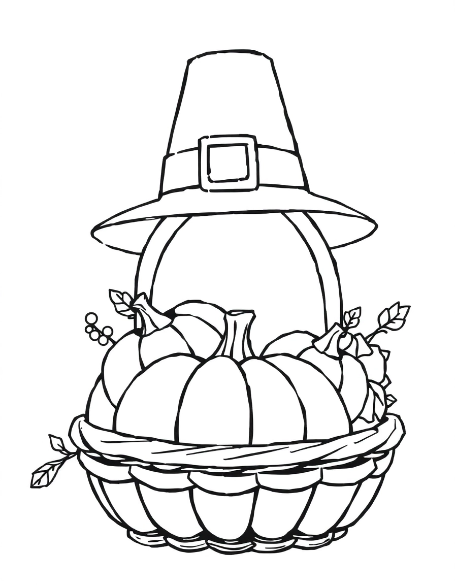 Pilgrim hat, pumpkin and harvest basket composition
