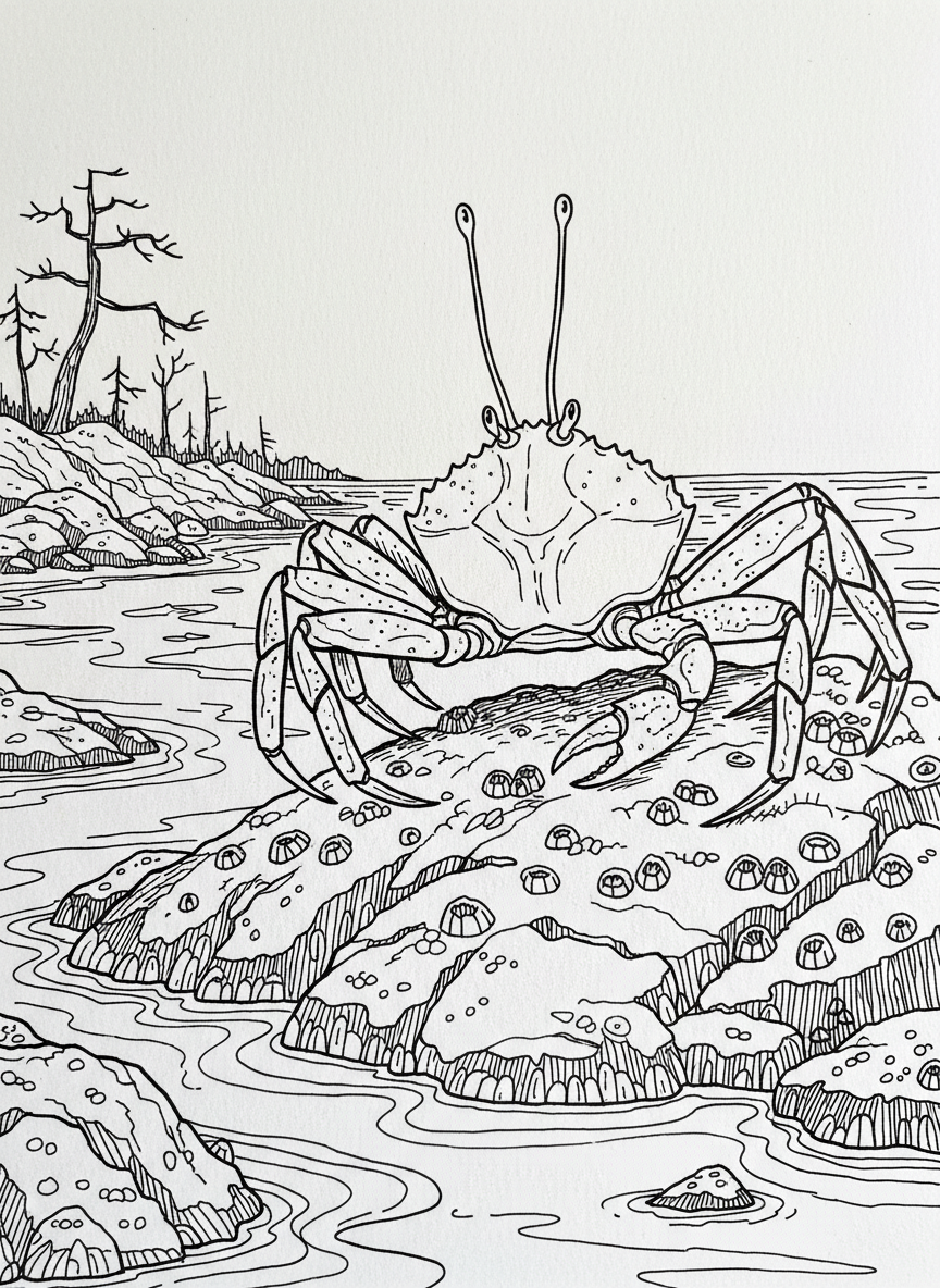 A large crab with detailed leg segments and eye stalks sitting on a barnacle-covered rock at low tide.