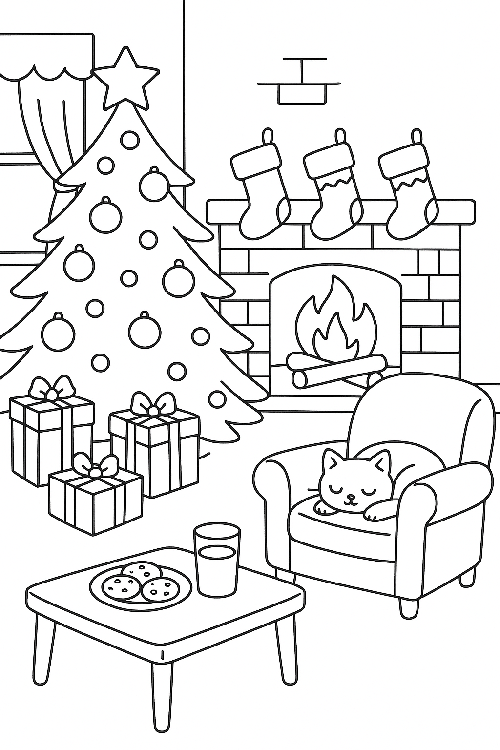 Cozy living room scene with decorated Christmas tree, wrapped presents underneath, stockings on fireplace mantle, sleeping cat on armchair, cookies and milk on table