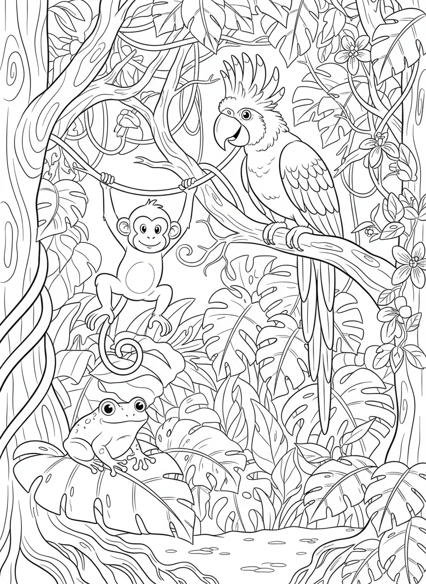 A rainforest scene with multiple animals together: a parrot in a tree, a monkey on a vine, and a frog on a leaf below.