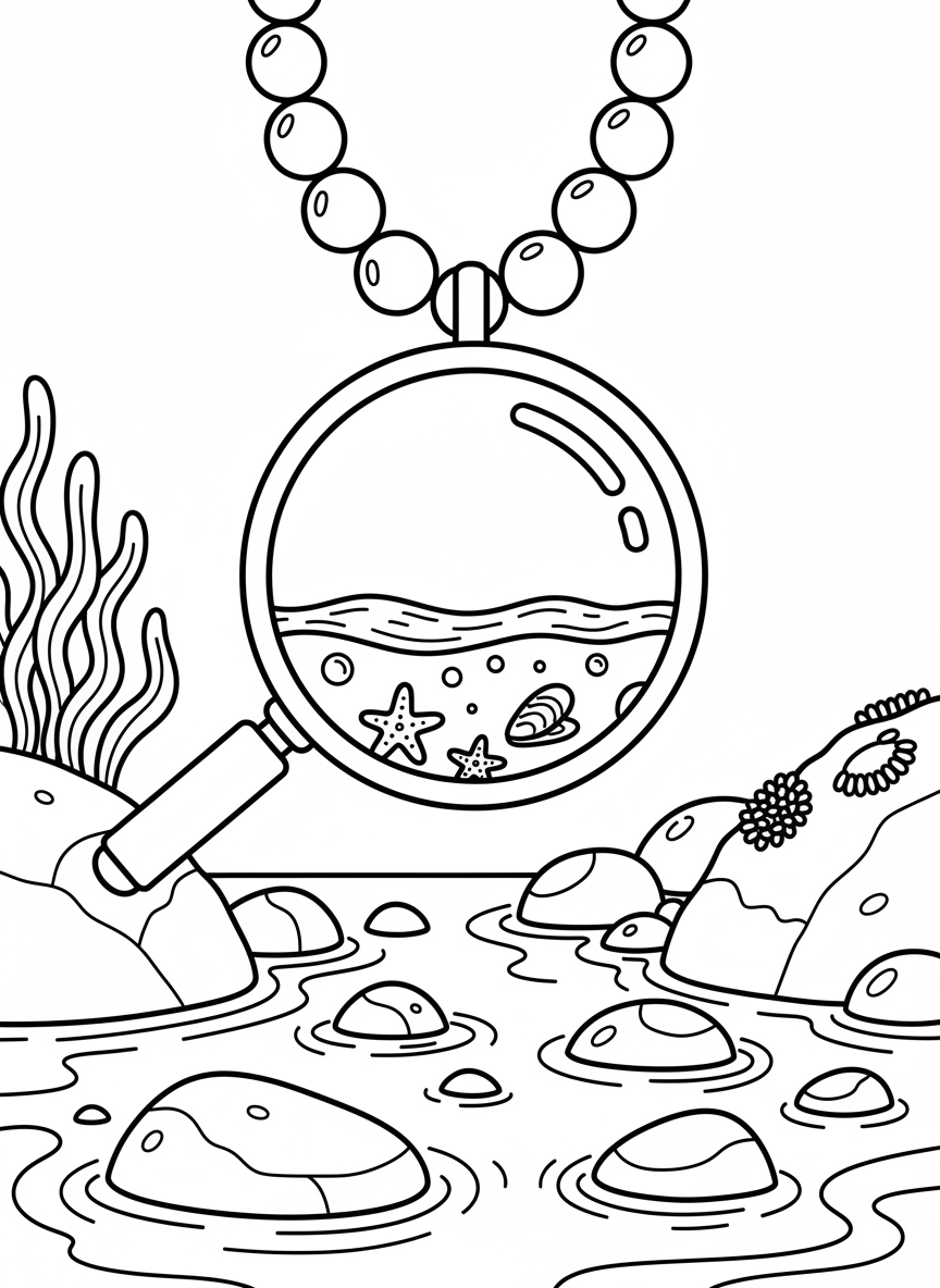 A magnifying glass on a cord necklace hanging over a tide pool, reflecting the water surface below