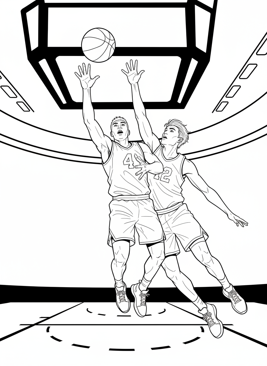 Two basketball players reaching up together to grab a rebound, showing intense action and athletic movement during a finals match.