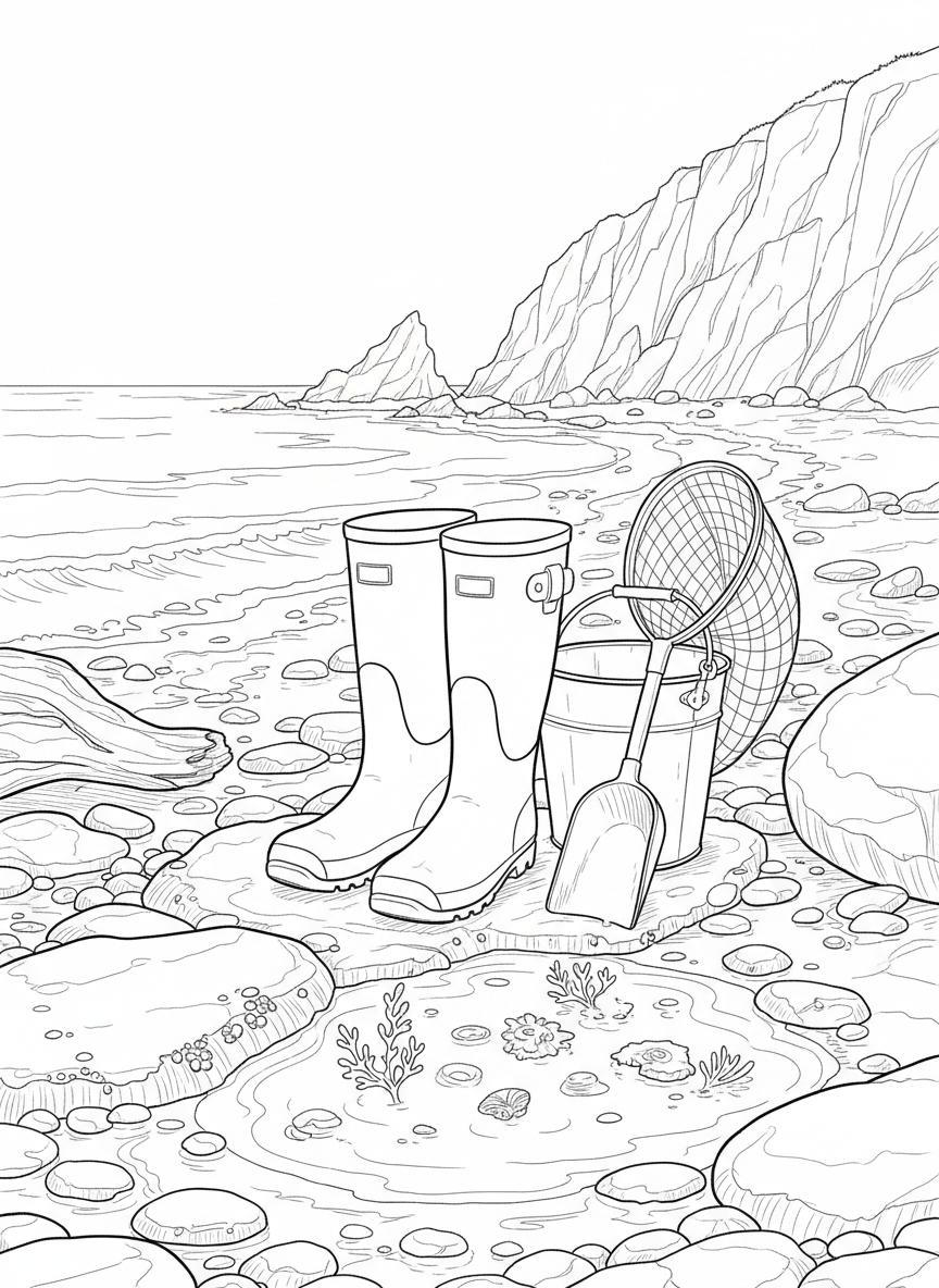 A pair of rubber boots standing next to a bucket and net, ready for tide pool adventures at low tide.