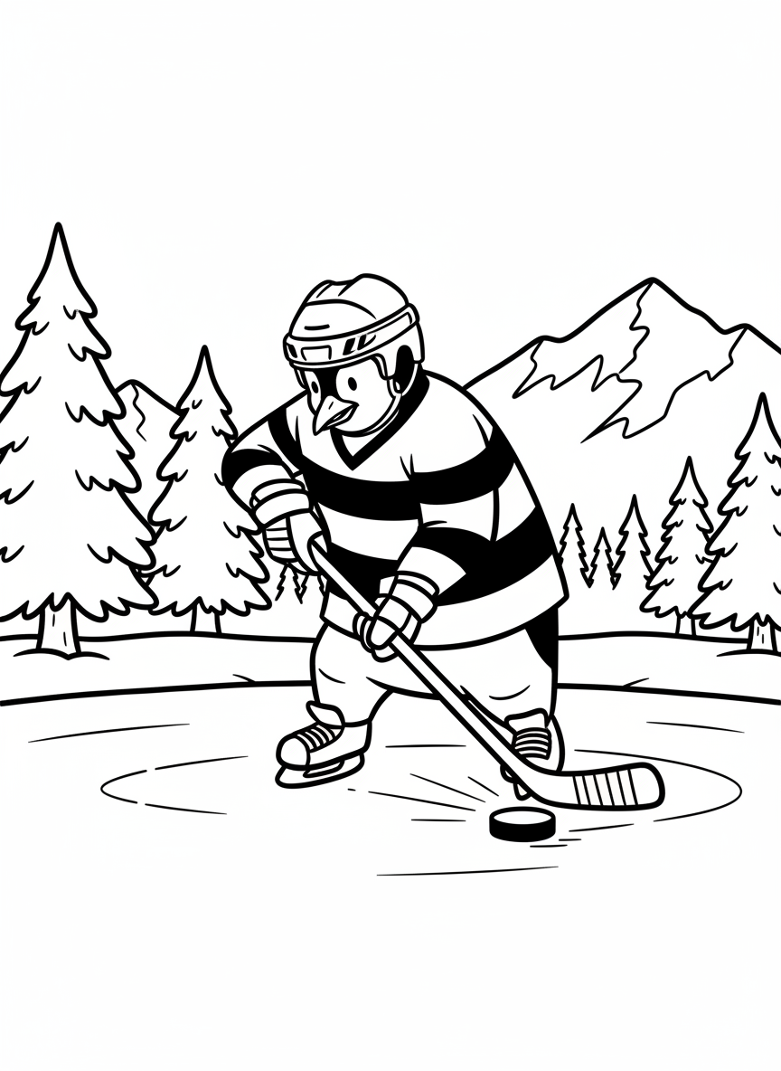 A penguin playing ice hockey, holding a hockey stick and chasing a puck across a frozen pond, wearing a jersey and helmet.