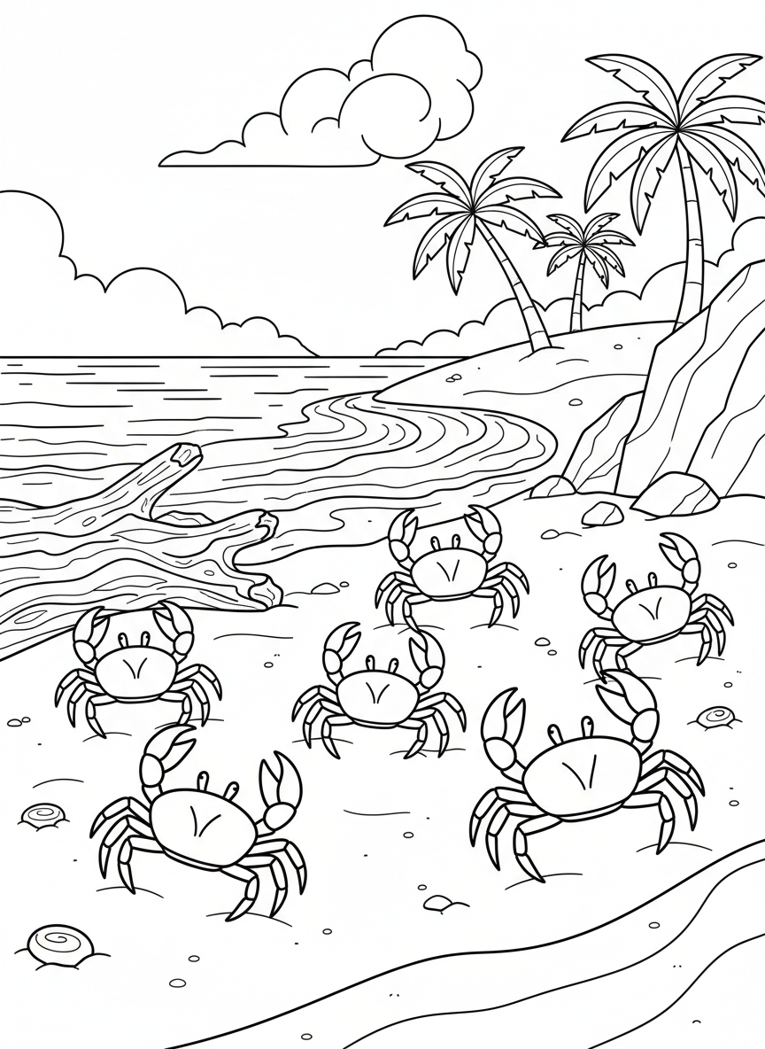 Beach scene coloring page with exactly 6 crabs walking on sand, some with claws up and some down, clear spacing for easy counting.