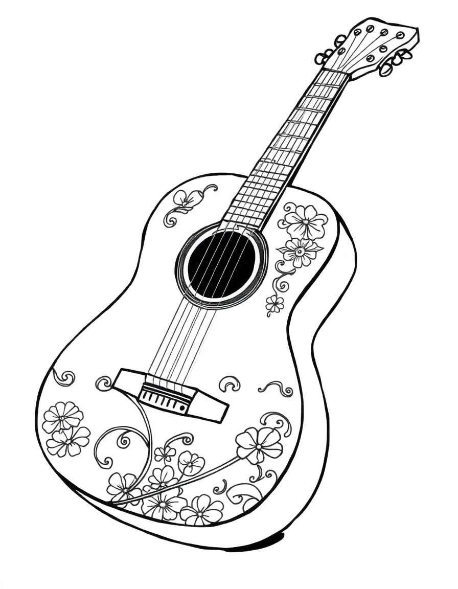 An acoustic guitar decorated with simple swirling vines and flowers around its body. The illustration is a clean black and white line drawing with thick, consistent outlines and no shading.
