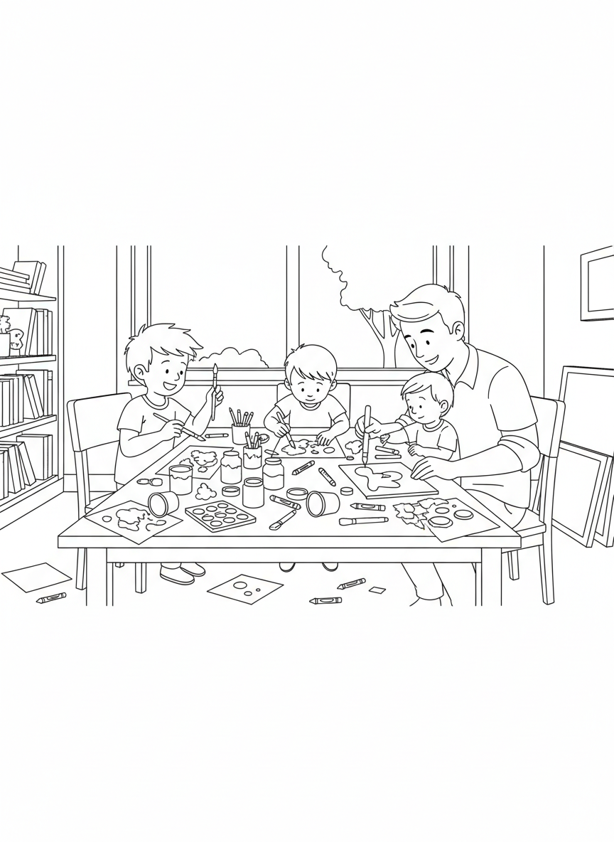 Children painting and doing arts and crafts with a parent at a table covered with paper, crayons, and paint supplies.