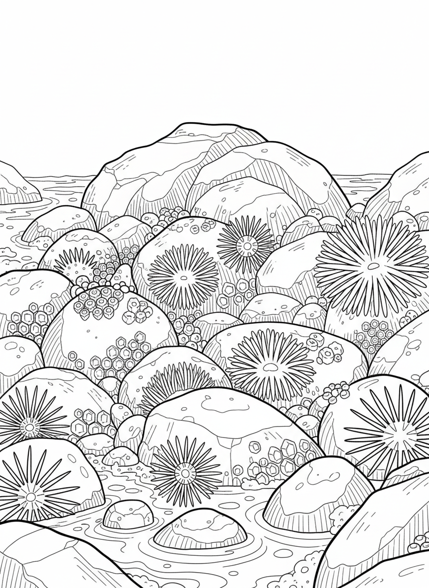 Tide pool habitat with multiple anemones of different sizes, barnacles, and sea urchins on rocky surfaces