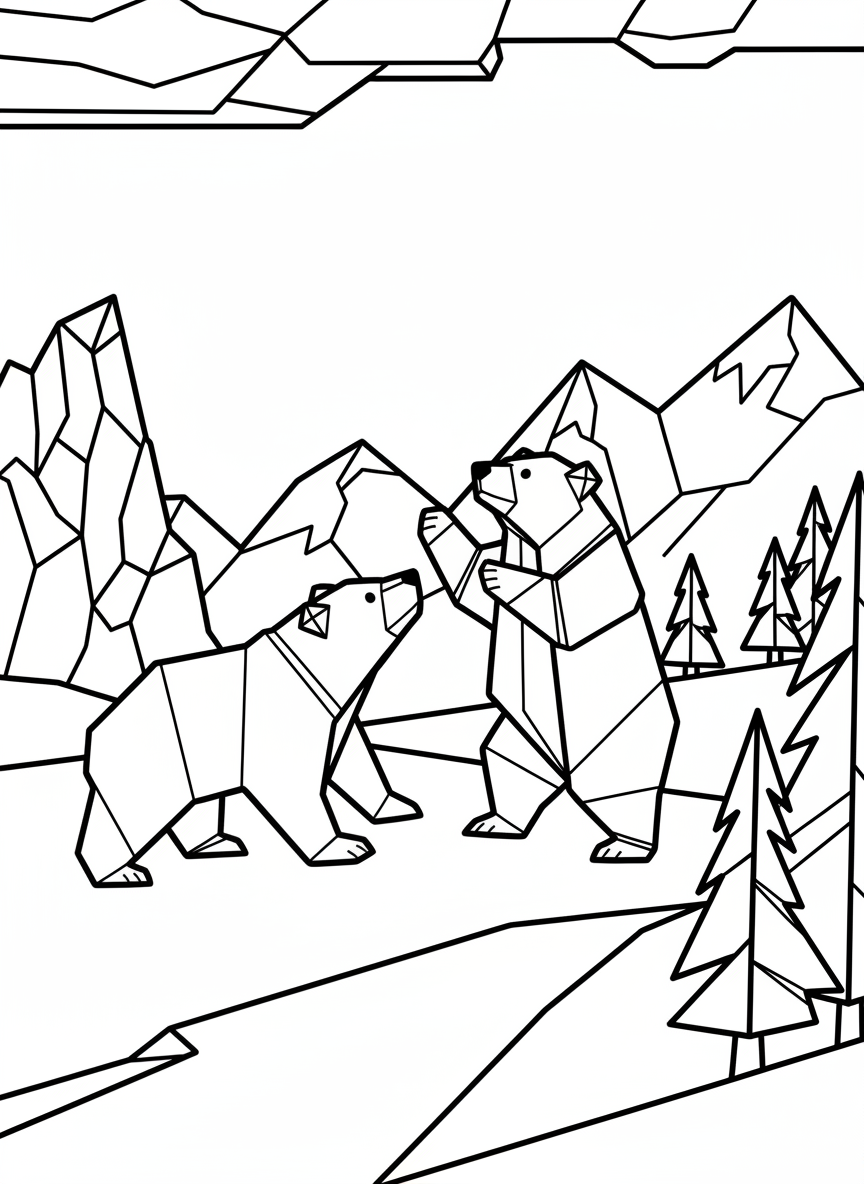 Two origami polar bears playing together, one standing and one on all fours, showing different paper-folding techniques and geometric patterns