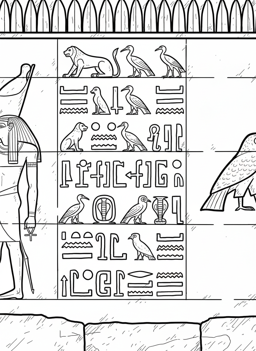 Ancient Egyptian hieroglyphics carved on a temple wall, showing simple symbols of animals, birds, and people in organized rows.