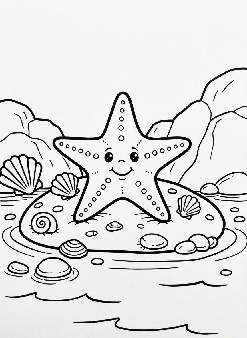 A cheerful starfish resting on a smooth rock surrounded by small shells and pebbles in a shallow tide pool, simple line art for young children.