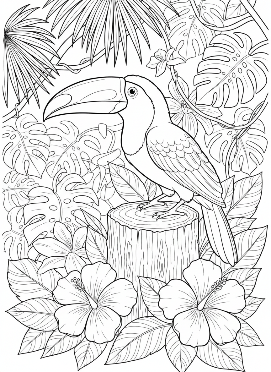 A toucan with its large distinctive beak sitting on a tree stump, tropical flowers blooming around it in a simple rainforest setting.