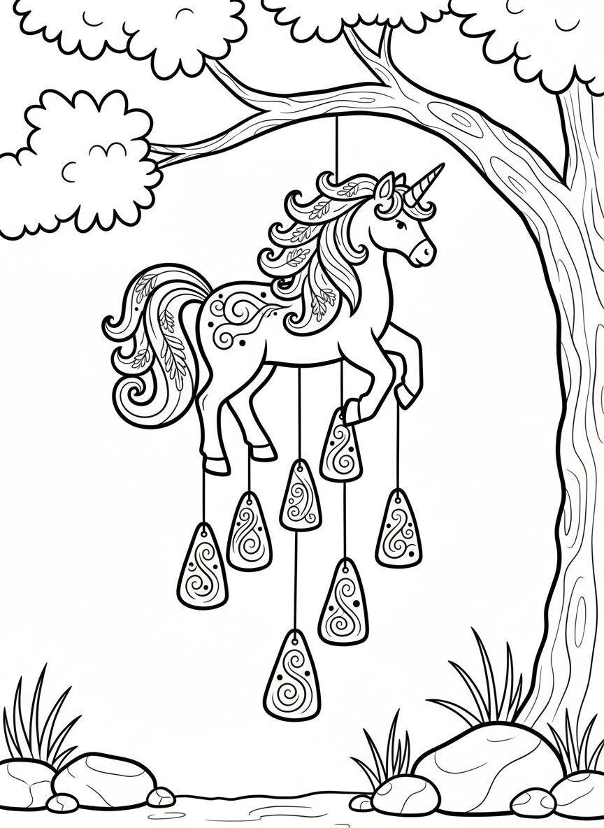 A ceramic unicorn wind chime with dangling pieces, decorated with feather and swirl motifs, hanging from a branch