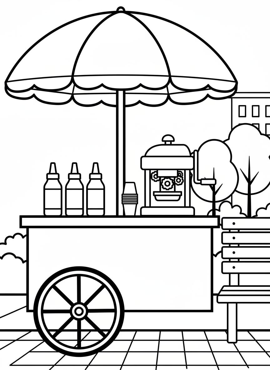 A snow cone pushcart with umbrella, flavor bottles lined up, and shaved ice machine visible in simple detail