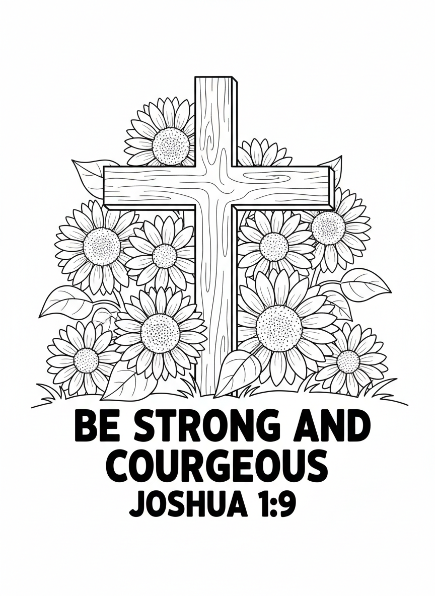 A simple cross surrounded by blooming sunflowers and daisies, with the text 'Be Strong and Courageous Joshua 1:9' in bold letters above, line art coloring page