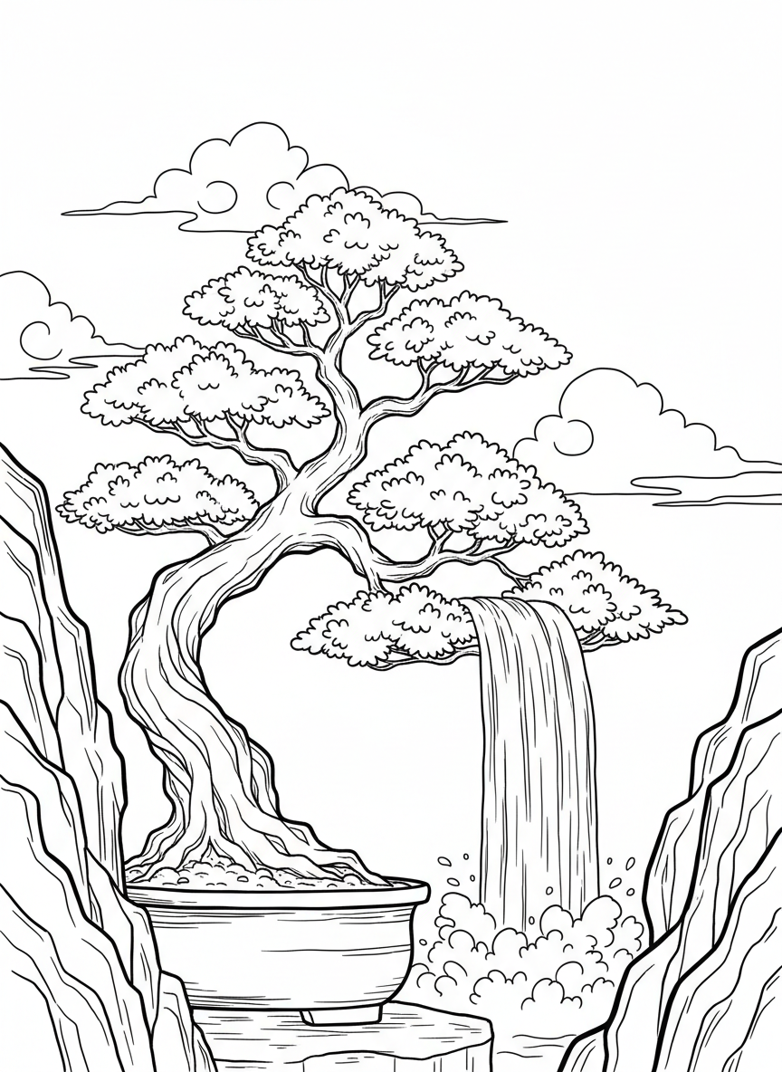 A bonsai tree shaped like a cascading waterfall style, with branches flowing downward over the edge of its pot.
