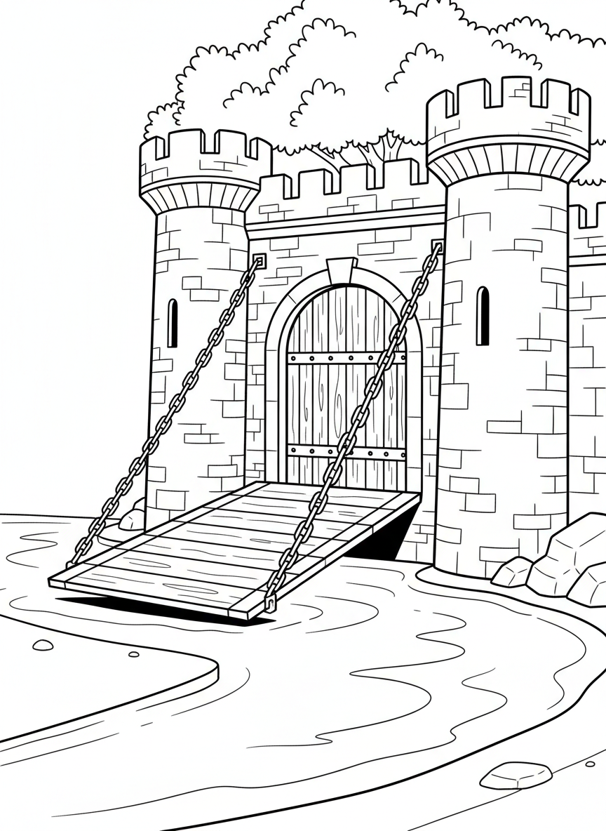 A simple castle drawbridge lowering over a moat, with two round towers on either side and a large wooden door.