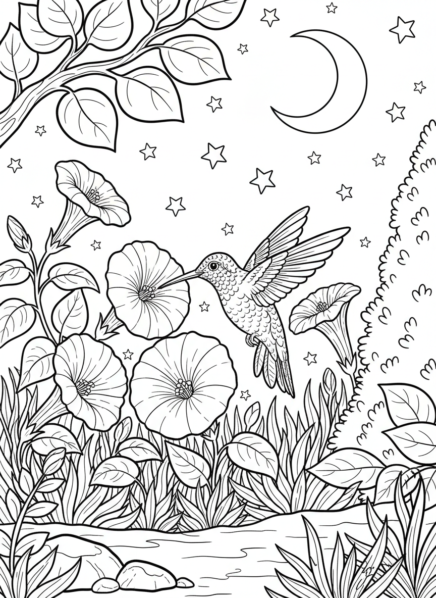 Nighttime garden scene with a hummingbird visiting moonflowers under stars and a crescent moon