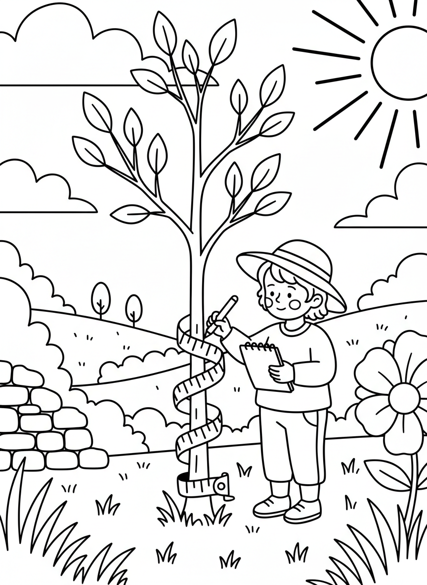 A child measuring the height of a growing tree with a measuring tape, keeping track of its progress.