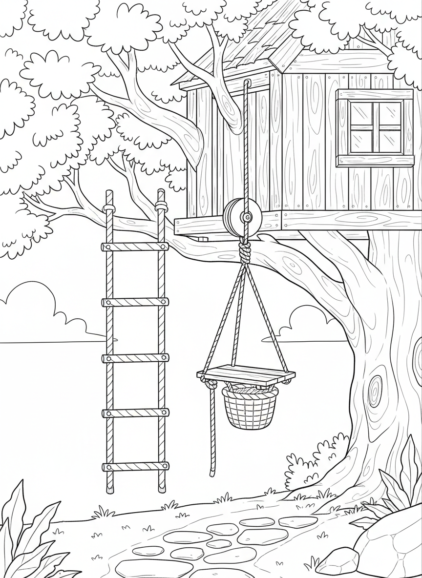 A treehouse entrance with both a rope ladder and a pulley elevator side by side for comparison.