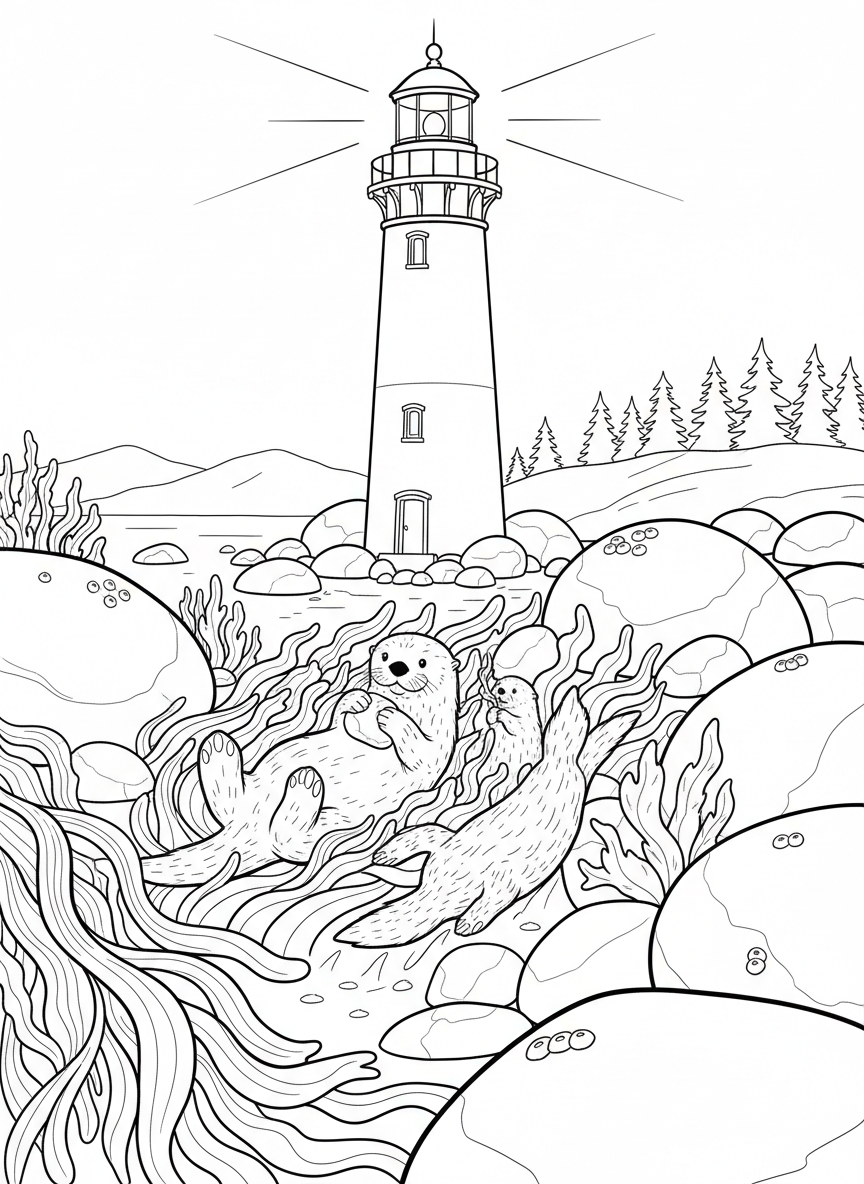 A lighthouse scene with a family of sea otters playing in kelp beds near the shore and smooth rounded boulders