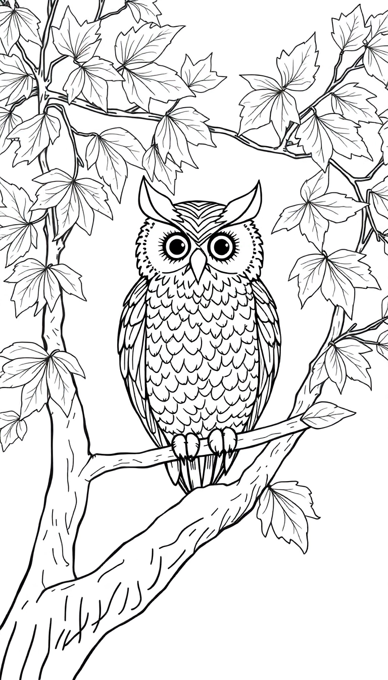  A wise owl perched on a branch of a maple tree with vibrant leaves.