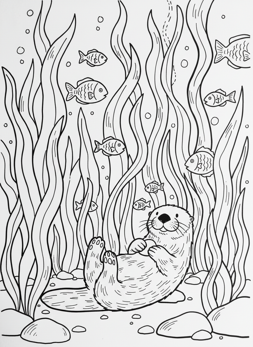 An underwater kelp forest with tall seaweed stalks, fish weaving between them, and a sea otter floating on its back.