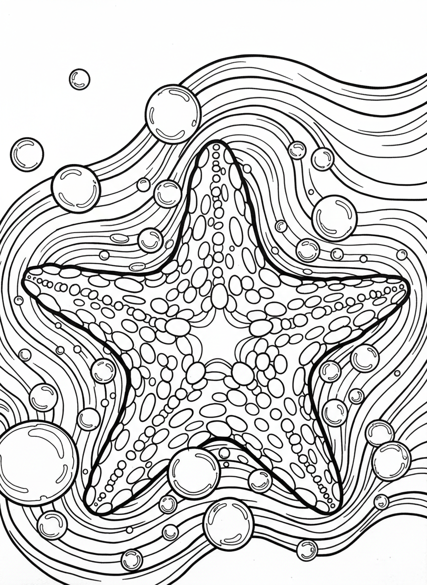 A detailed close-up of a sea star with textured surface patterns, surrounded by small bubbles and water ripples.